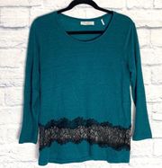 Sandro teal linen black lace inset long sleeve tee