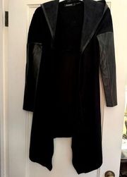 Black knit open front sweater coat with leather details and hood - S