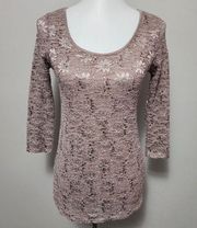 Lavish Taupe Lace Sequin With Knit Contrast ¾ Sleeve Blouse Size Small