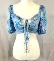 Wild Fable  blue abstract floral sexy tie front smocked back crop top size small