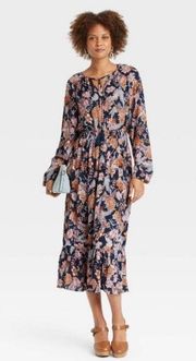 NWT Knox Rose | Navy Long Sleeve Smocked Floral Midi Dress with Ruffle Hem | 2XL