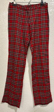 Bulldog Vintage 90s Plaid Red Flare Grunge Raw Hem Pants 