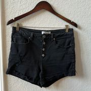 Mudd FLX Mid Rise Distressed Black Denim Shorts Size 9