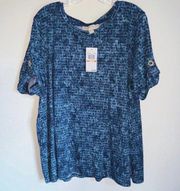 Michael Kors Navy Blue Peace & Love Blouse Tshirt Gold Hardware Size 2X