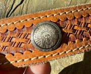 Vtg Womens Belt Indian Head Chief Leather Concho Sz 30 Braided No Buckle Western