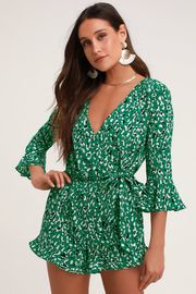 Lulus Green and Black Print Flounce Sleeve Romper