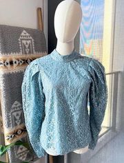 WAYF Elan Blue Lace Long Puff Sleeve Mockneck Blouse Top Women’s Size Small