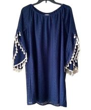 Indigo Soul Shift Dress Navy Lace Boho Style Lined Tassels Size M