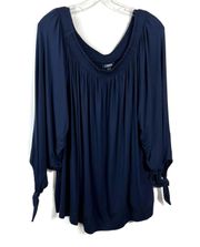 Navy Blue Jersey Stretch Knit Off Shoulder Tie Sleeve Casual Top Plus Size