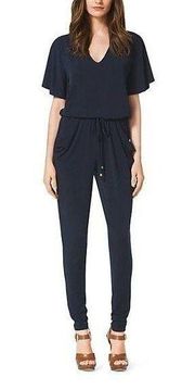 Michael Kors V Neck Flutter Split Sleeve Drawstring Waist Matte Jersey Jumpsuit