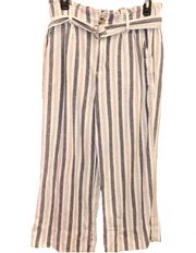 Jacqueline Paperbag Linen Blend Belted Wide Leg Pants Blue White 8