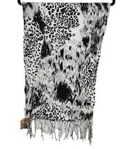 Route 66 Womens One Size Black White Leopard Animal Print Bohemian Fringe Scarf