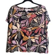 Nicole Miller New York Vibrant Floral 100% Linen Short Sleeve Blouse Size XL