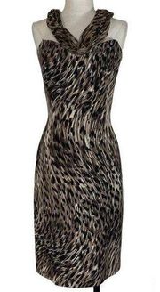 David Meister silk leopard dress, NEW ladies strapless midi cocktail with scarf