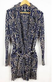 Lauren  Long Fringed Belted Jacquard Cardigan Sweater