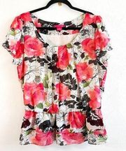 Sunny Leigh Blouse Floral Short Sleeve Scoop Neck Ruffle Peplum Hem Sz XL EUC