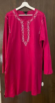 International Pink 100% Cotton Sequins Henley Neckline Cover Up Kaftan, size XL