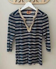 Tory Burch Striped V-Neck Top Navy Blue/Cream Sz Small