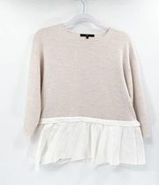 Tibi Merino Wool Mixed Media Pleated Hem Beige White Knit Sweater Size Small
