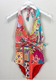 Johnny Was Color Twist One-piece Orange Halter Swimsuit Size Medium M NWT