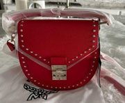 Authentic MCM Leather Patricia Studded Red Small Crossbody Bag Handbag NEW