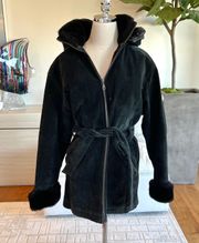 Wilson's Leather Black Belted Coat with Fur Hood and Cuffs Size S