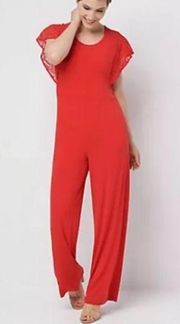 H Halston Cardinal Red Regular Jet Set Jersey Wide-Leg Jumpsuit Lace Sleeves L