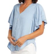 Karen Kane Blouse Size Large Blue Flutter Sleeve Top Buttoned V Neck NWT