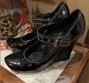 Via Spiga Black Patent Leather Mary Jane Wedges 9.5