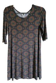 Natural Life Medallion Swing Dress Womens Size S 3/4 Sleeve Stretch Multicolor