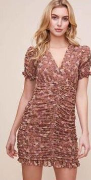 ASTR Short Sleeved Shirred Front Floral Taupe V-Neck Mini Dress Size XS NWT