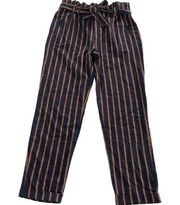 ZARA  Pants Womens Small Blue Yellow Red Striped Paperbag Tie Waist Paperbag