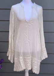 O'Neill Women's White Long-Sleeve Long Shirt with Lace Edging Size Medium