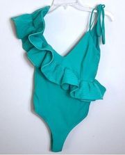 Tea & Cup Tank Top Ruffle Bodysuit Aqua Blue