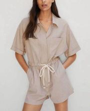 Linen Jumpsuit, Mango Womens Size Small S Romper Neutral Tan Drawstring Shorts