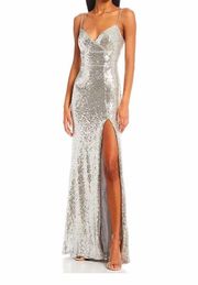 Silver-Sequin Slit Prom Dress