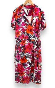 Caribbean Joe pink floral lillies faux wrap side tie short sleeve tropical dress