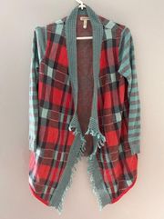 Matilda Jane Steadfast Sweater Plaid Open cardigan Fringe Trim  Size Medium