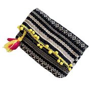 Just Fab Fold Over Bag Yellow Pom Pom Tassel Trim Colorful Clutch Purse