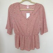 Nordstrom Floral Blouse top SMALL Elastic Waist Peplum pink