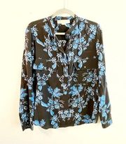 Stella McCartney Blouse Long-Sleeve Floral Silk Top Black Blue US Sz S (40) EUC