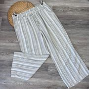 Beige & gray striped linen wide leg crop pants coastal