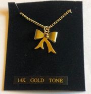 VINTAGE 14K Gold Tone Dainty Bow &  CZ Pendant Necklace