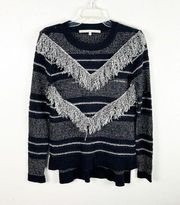RACHEL RACHEL ROY Black Fringed Striped Long Sleeves Sweater, Size Medium