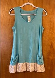 Logo By Lori Goldstein Aqua Blue Sleeveless Top Embroidered White Hem NWT Small