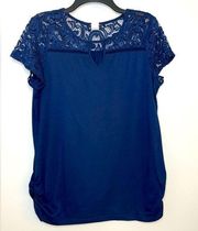 Perception Maternity Navy Blue Lace Short Sleeve Top Size Large