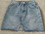 denim Silver Studded Mini Skirt w/ Front Slit