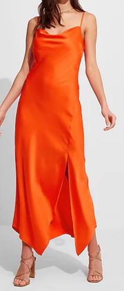 Orange Satin Cowl Neck Asymmetrical Hem Maxi Slip Dress