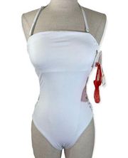 White lace-up swimsuit, ladies small one piece convertible halter strap /bandeau