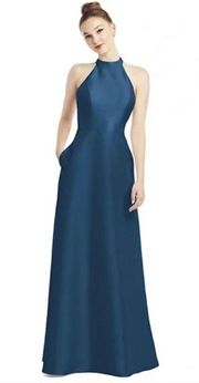 ALFRED SUNG High-Neck Cutout Satin Dress Pockets Dusk Blue 14 NEW D772